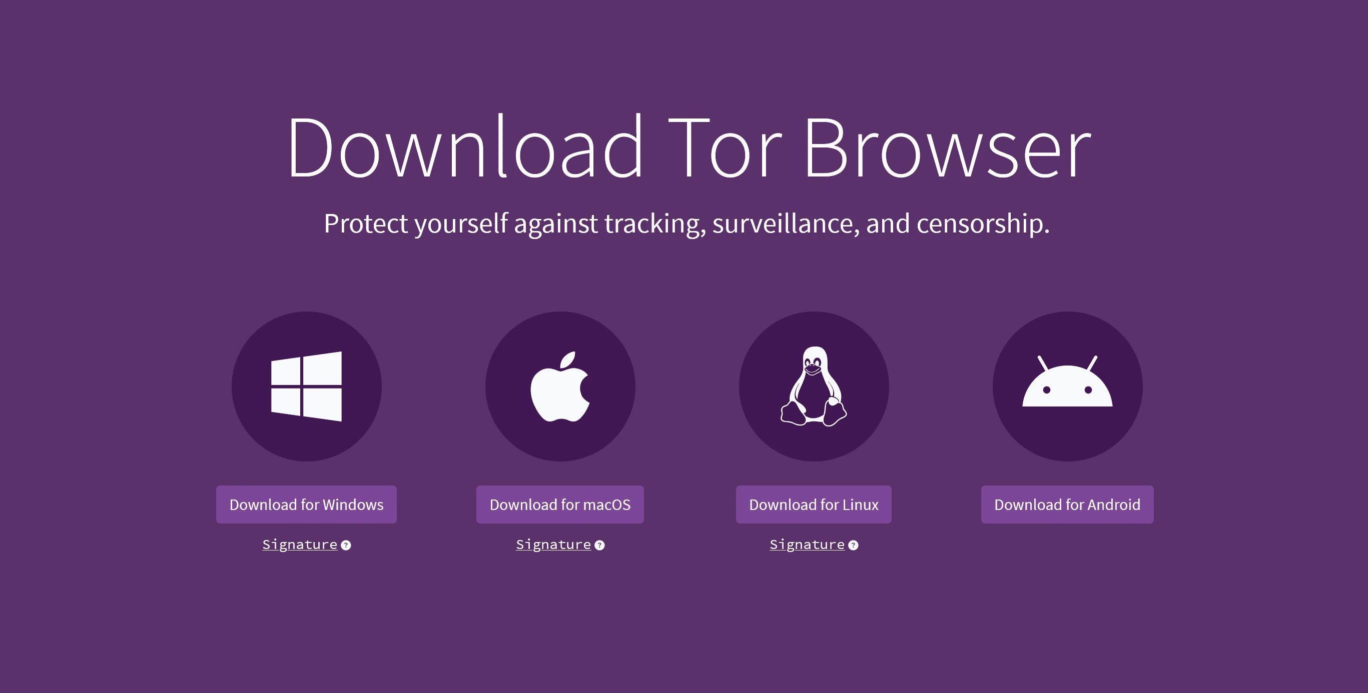 Official Tor Project download page showing installation buttons for Windows, macOS, Linux, and Android versions of Tor Browser