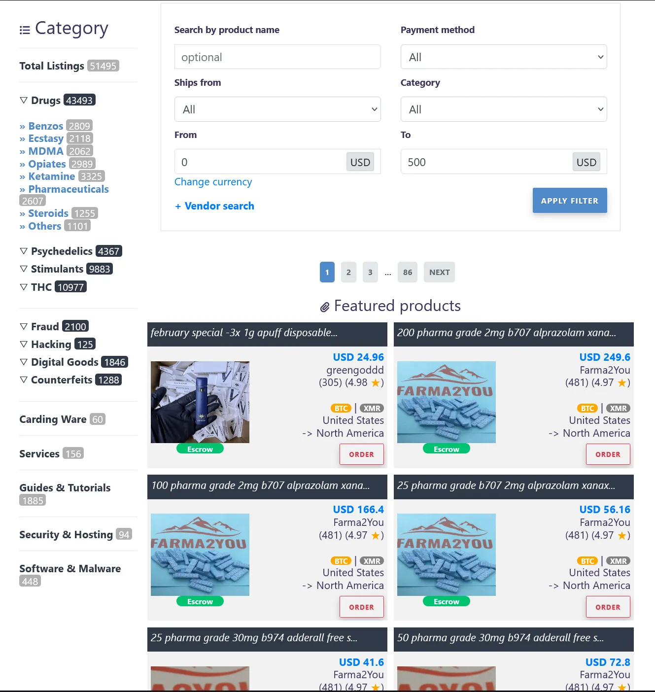 Torzon Market product listing page displaying category sidebar with 23 categories, search results with vendor trust badges, and price-sort controls